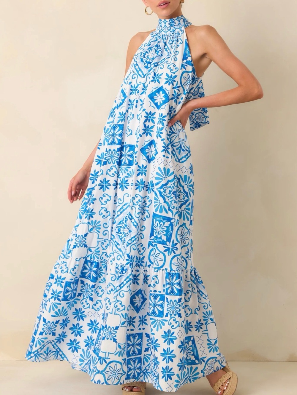 NWT NEW PROSPERINA REBECCA BLUE TILE PRINT COTTON HALTER MAXI DRESS SMALL